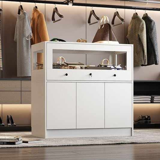 Armoire Bedroom Island Wardrobe Closet Island with Glass Drawer & 3 Doors, Island Glass Dresser Closet Island for Bedroom Cloakroom Store White (39.3”W x 19.6”W x 39.3”H)