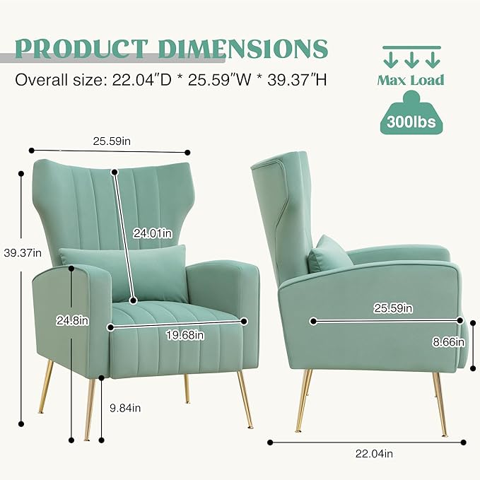 Modern Accent Chair Upholstered Living Room Chair,High Back Arm Chair with Metal Legs Lumbar Reading Chair for Bedroom, Apartment, Small Spaces Lake Green