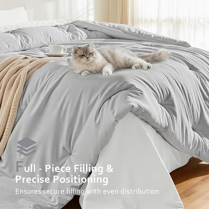 Comforters Queen Size, All Season Quilted Bed Comforter, Ultra-Soft Down Alternative Duvet Insert with 4 Tabs, Lightweight Bedding Blanket - Machine Washable, Light Gray