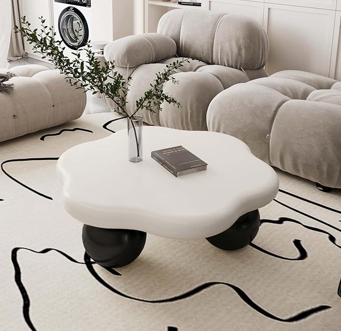 35" Modern Coffee Table Petal Shape Low Center Table Cute Irregular Indoor Tea Table with 3 Ball Legs for Living Room Apartment