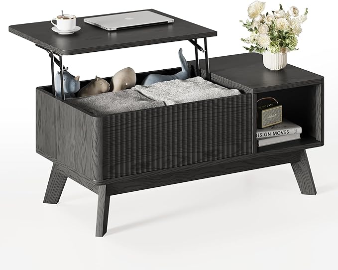 Wood Lift Top Coffee Table with Hidden Compartment and Large Storage Shelf, Lift Tabletop Dining Center Table for Home Living Room Office,Black