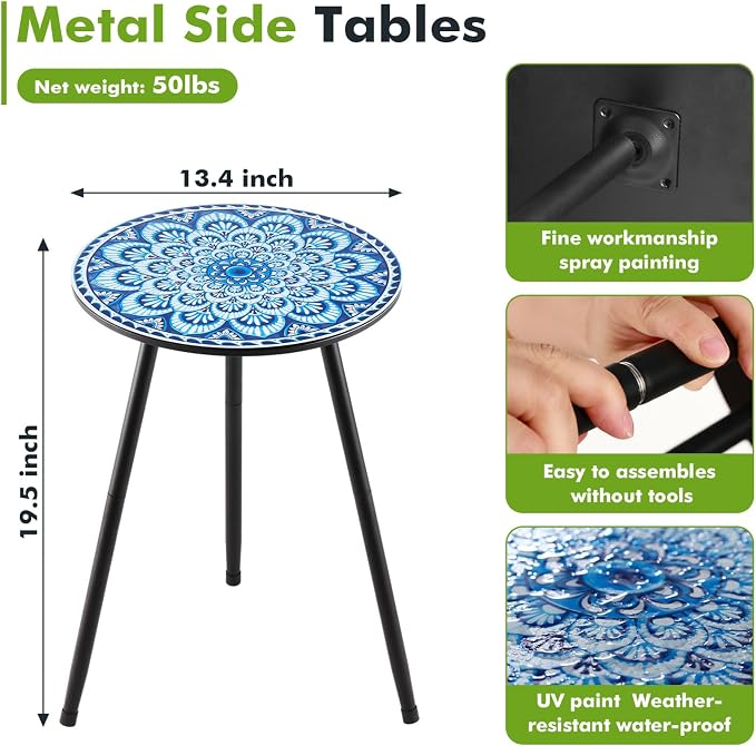 2 Packs Metal Mosaic Round Side Tables 13.4" Small Outdoor Patio Round Accent Coffee Tables Indoor Corner Stand for Small Spaces Weather-Resistant for Balcony, Porch Plant Stands Indoor, Blue Mosaic - Image 3