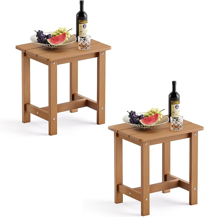 LUE BONA Outdoor Side Table Set of 2, HDPS Small Outdoor Adirondack Side Tables, Outside End Table for Patio, Porch, Deck, Pool, Weather Resistant/Easy Maintenance, Teak Color by LUEBONA