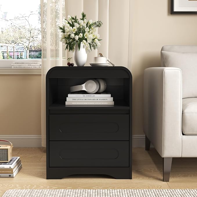 Night Stand Set of 2, 26" Tall Bedside Side Table with 2 Drawers and Open Storage, Curved Corners, Hidden Handle, Wood Nightstand, Modern Night Stands End Table for Sofa Couch (Black) - Image 7