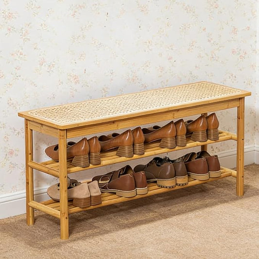 latifolia Shoe Rack Bench, 3-Tier Bamboo Shoe Bench with Breathable Rattan Seat Cushion, Shoe Storage Rack for Entryway(Nautre,39.70''L) by Latifolia