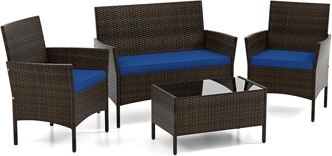 DORTALA Wicker Patio Furniture Set 4 Piece, Outdoor PE Rattan Table & Chairs Set with Tempered Glass Coffee Table, Loveseat, Cushions, Conversation Set for Balcony, Porch, Backyard, Deck, Navy