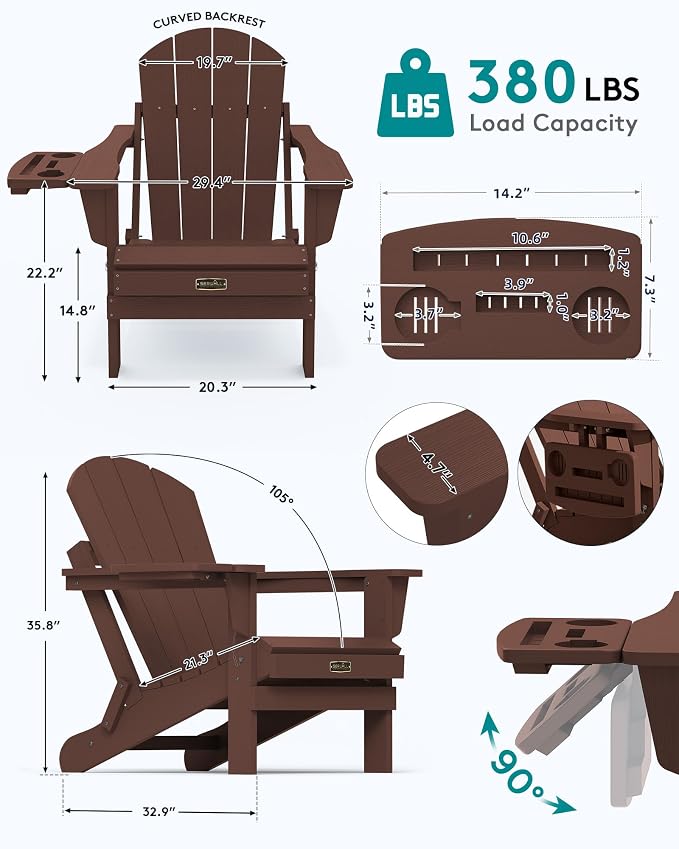 SERWALL Folding Adirondack Chair for Outdoor, Paito Adirondack Chairs with 4 in 1 Cup Holder, All-Weather Patio Chairs with Wood Texture, Fire Pit Chairs for Deck Porch Garden Poolside -Coffee - Image 3