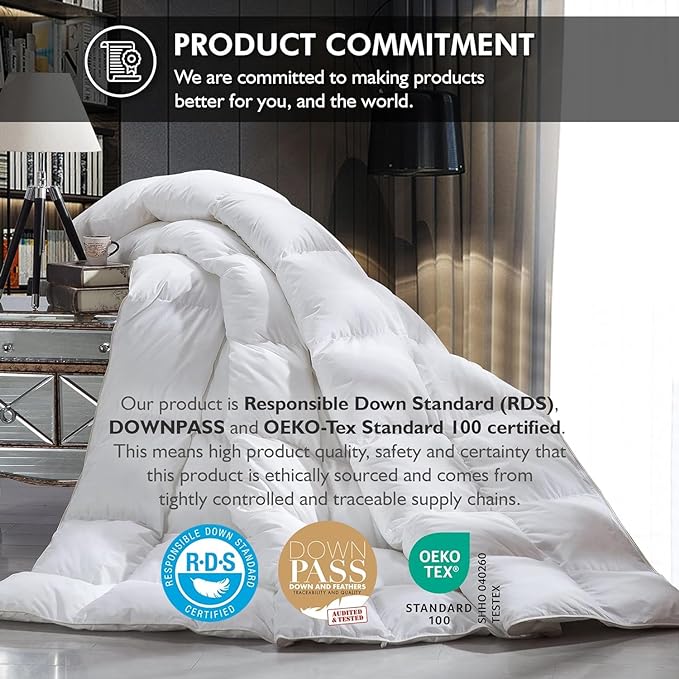 Luxurious Oversized Queen 98" x 98" Size Goose Down Fiber Waterfowl Feather Fiber Comforter Duvet, 100% Egyptian Cotton Cover, 56 oz. Fill Weight, Baffle Box Design, White Solid