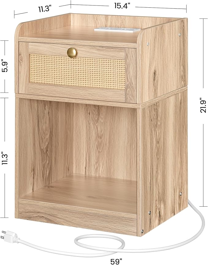 CHOEZON Nightstand with Charging Station, Side Table with Rattan-Style Drawer and Storage Shelf, Modern Rattan Night Stand with 2 USB Ports, Boho End Table Bedside Table for Bedroom, Natural MBZ01UWO - Image 2