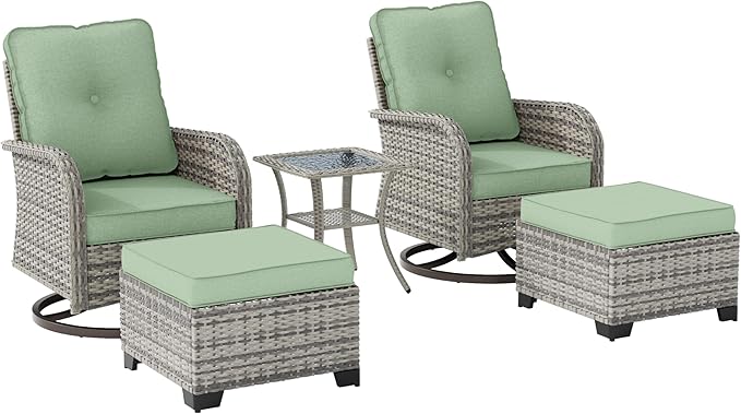 Outdoor Patio Furniture Set Patio Rocking Swivel Chair with Tempered Glass Side Table, Outdoor Wicker Rattan Bistro Set with Ottomans for Garden, Deck, and Balcony, Light Green
