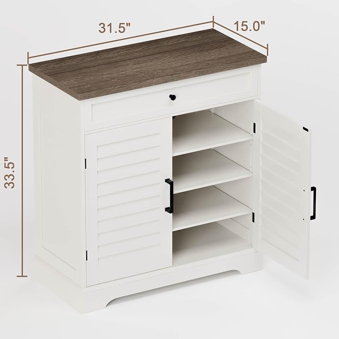 ChooChoo Farmhouse Shoe Cabinet with Doors, 4-Tier Shoe Storage Cabinet with Drawer and Shelves, Wooden Shoe Rack Organizer for Entryway, Hallway, Closet, White - Image 2