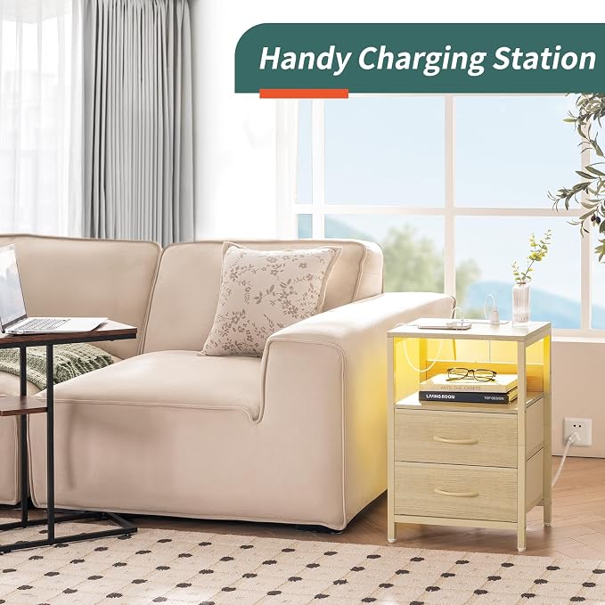 Yoobure Nightstand with Charging Station, LED Night Stand with Fabric Drawers and Storage Shelf for Bedroom, Nightstands Bedside Tables with USB Ports & Outlets, Small Night Stands, Bed Side Table - Image 5