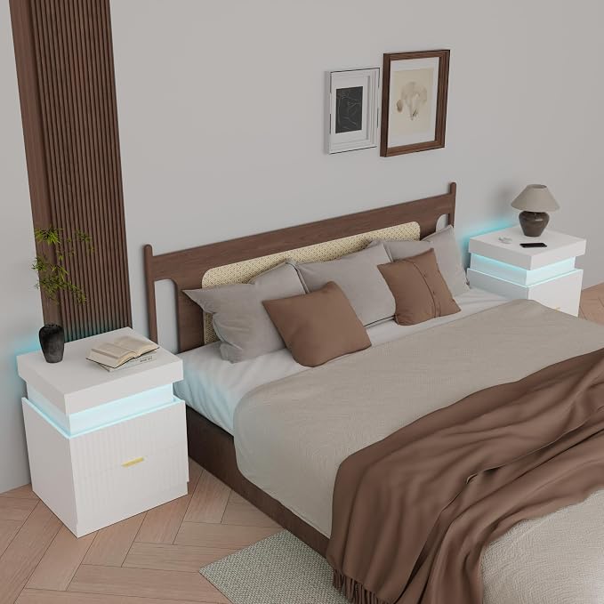 Wooden Nightstand with Charging Station & LED Lights, Modern Fluted Bedside Table with Sliding Top & Drawers for Bedroom & Living Room, White - Image 8