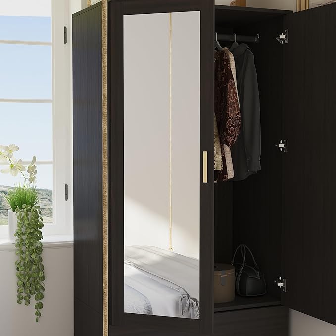 AIEGLE 2 Doors Wardrobe Armoire with Mirror, Mirrored Armoire Wardrobe Closet with 2 Drawers, Shelves & Hanging Rod, Bedroom Wooden Clothes Organizer, Dark Brown (31.5" W x 18.9" D x 72" H)