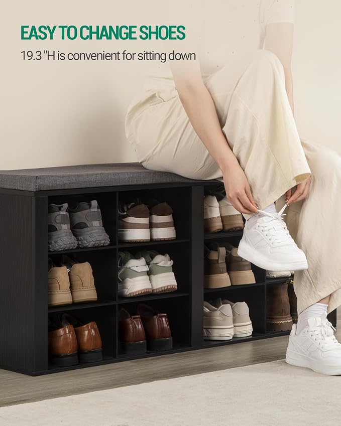 Hzuaneri Shoe Bench with Cushion, Entryway Storage Bench with 12 Cubbies, Cubby Shoe Rack with Adjustable Shelves, Shoe Organizer Cabinet for Living Room, Bedroom, Entryway, Black SB19004GY - Image 7