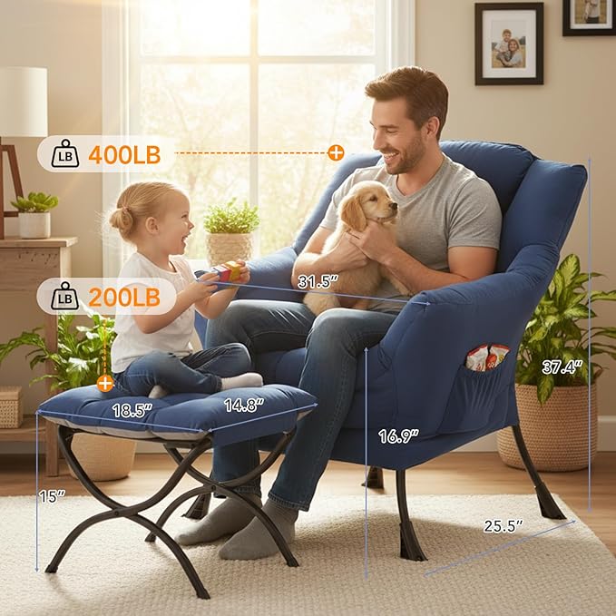 Lazy Chair with Ottoman, Reading Chair with a Pillow, Leisure Sofa Armchair with Ottoman, Large Accent Chair for Bedroom, Living Room, Dorm Room, Peach Royal Blue