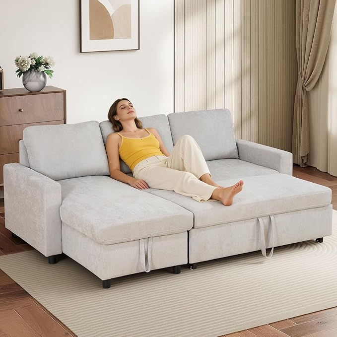 L-Shaped Sleeper Sofa with Chaise Lounge & Storage, Pull-Out Couch Bed with Recliner, Full Size Futon for Living Room, Office, Apartment Beige