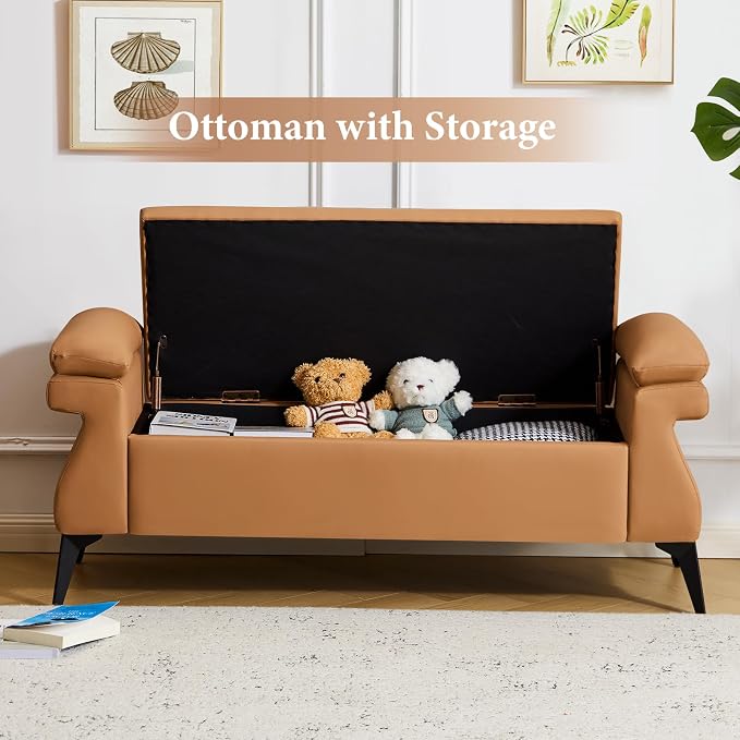Furniliving 51” Storage Bench, End of Bed Bench with Armrest Cushion Large Upholstered Storage Ottoman Leather Window Bench with Storage Shoe Cabinet Bench, for Bedroom, Entryway, Brown - Image 4