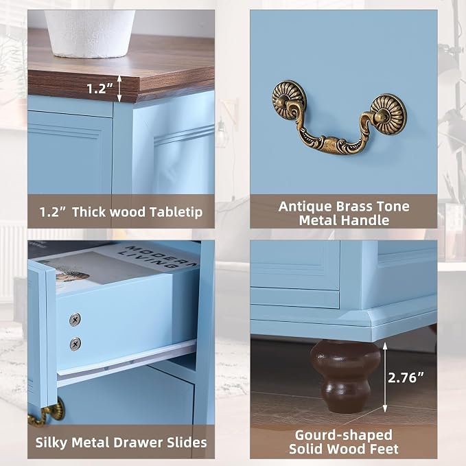 Joaxswe Farmhouse 7 Drawers Dresser for Bedroom, Light Blue 54 Inch Wide Chest of Drawers w/ 4 Wooden Legs, Large Vintage Rustic Closet Dressers for Living Room, Wood TV Stand with Storage Organizer - Image 8