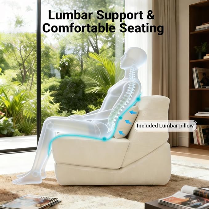 Folding Sofa Bed Chair, 3 in 1 Convertible Sleeper Chair Bed w/Pillow Handle, Floor Sofa Lounge w/Back Support & Removable Washable Cover for Living Room, Bedroom, Apartment (White) | Washable Cover, Sleeper Chair, Folding Sofa Bed