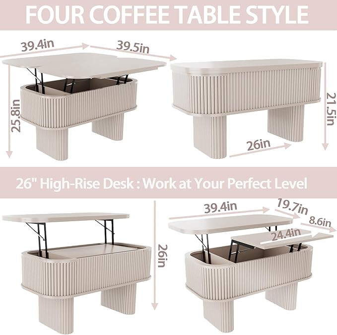 Lifting Coffee Table for Living Room，26-Inch Lift that Converts to Dining Table，3 in 1 Pull Out Coffee Table with Storage，Oval Wood Center Table, Space-Saving for Eating & Laptops