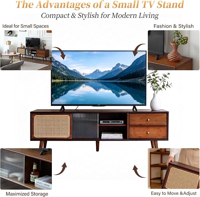 Tiita Rattan TV Stand for 55 65 Inch TV, Bamboo TV Cabinet with 2 Drawers, Boho Entertainment Center with Adjustable Shelf, Mid Century Modern Media Console for Bedroom, Living Room, Walnut - Image 8
