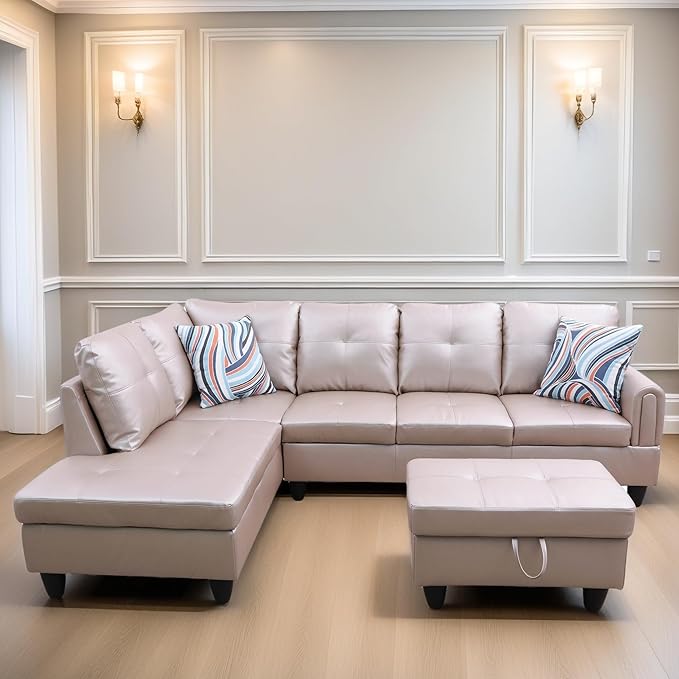 FONTOI L Shaped Sectional Couches, Leather Couch Modular Sectional Sofa with Ottoman Storage, Modern L Shaped Couch with Chaise for Living Room Bedroom Apartment Furniture, Gray
