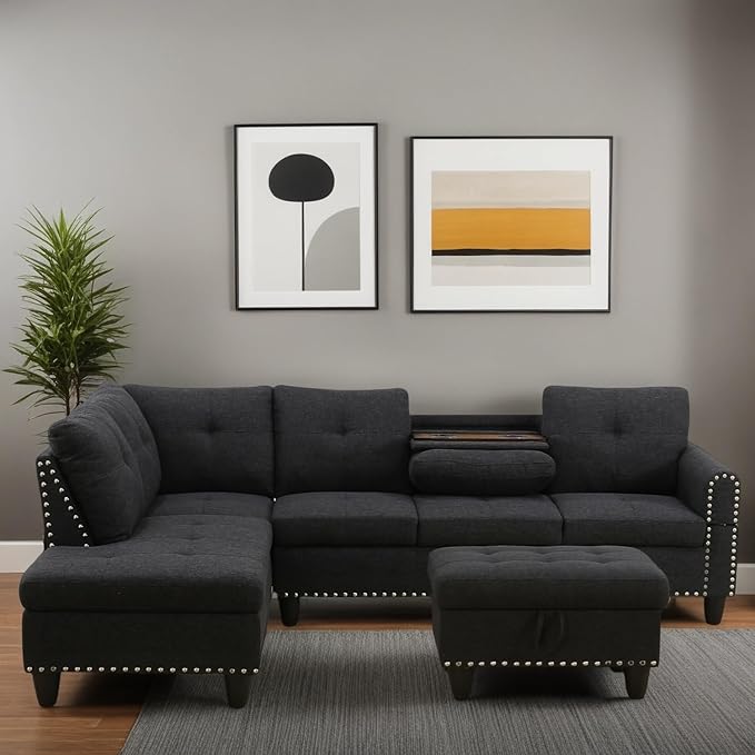 FONTOI L Shaped Sectional Couches for Living Room, Modular 4 Seat Sofa with Ottoman Storage, Modern Couch with Chaise for Bedroom Apartment Furniture, Black