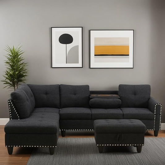 FONTOI L Shaped Sectional Couches for Living Room, Modular 4 Seat Sofa with Ottoman Storage, Modern Couch with Chaise for Bedroom Apartment Furniture, Black