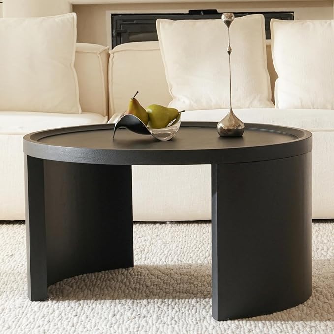 Round Nesting Coffee Table Set of 2, Black Coffee Table, 31.5" Large & 18" Small Low Tables with Wood Top, Center Table for Living Room, Bedroom, Minimalist Center Table Set