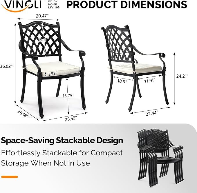 VINGLI Patio Chairs Set of 4 - Stackable Outdoor Cast Aluminum Dining Chairs with Vintage Black Finish and Diamond Pattern, Metal Armchairs for Poolside, Backyard, Balcony (with Cushion) - Image 3