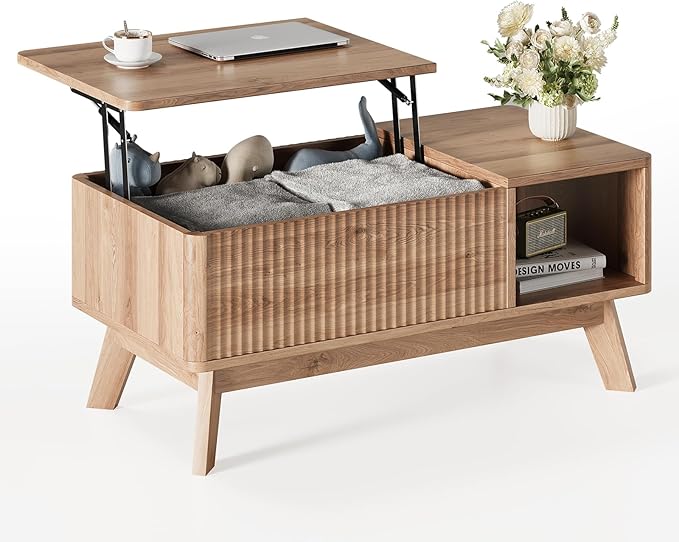 Wood Lift Top Coffee Table with Hidden Compartment and Large Storage Shelf, Lift Tabletop Dining Center Table for Home Living Room Office, Natural