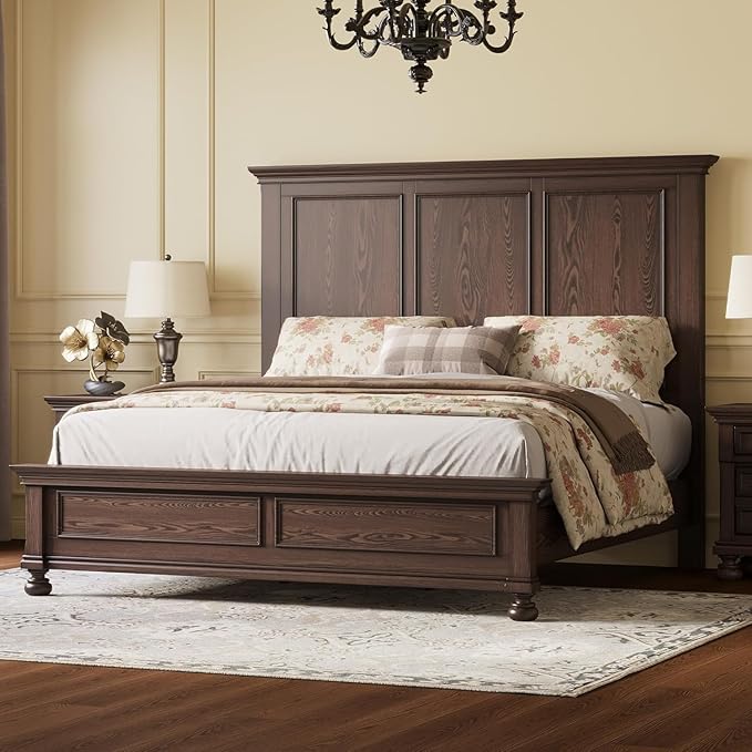 AMERLIFE Solid Wood 3 Piece Bedroom Set Including 65.2" High King Bed Frame, Fully Assembled Nightstands Set of 2 with 2 Storage Drawers for Bedroom, Dark Brown