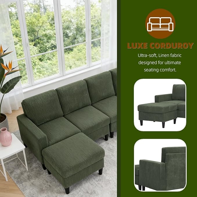 101" L-Shape Modular Sectional Couch, Convertible Corduroy Couch with 2 Ottomans, Modern 4 Seater Upholstered Modular Sectional Sofa for Apartment, Living Room, Dark Green