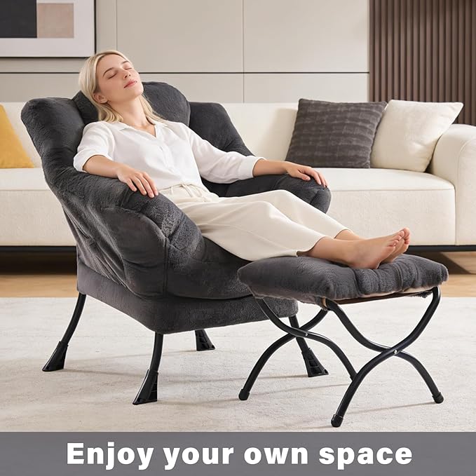 Plush Lazy Chair and Ottoman, Large Dark Grey Contemporary Accent Chair with Side Pocket, Modern Leisure Upholstered Reading Armchair with Footrest for Office, Bedroom, Living Room, Balcony