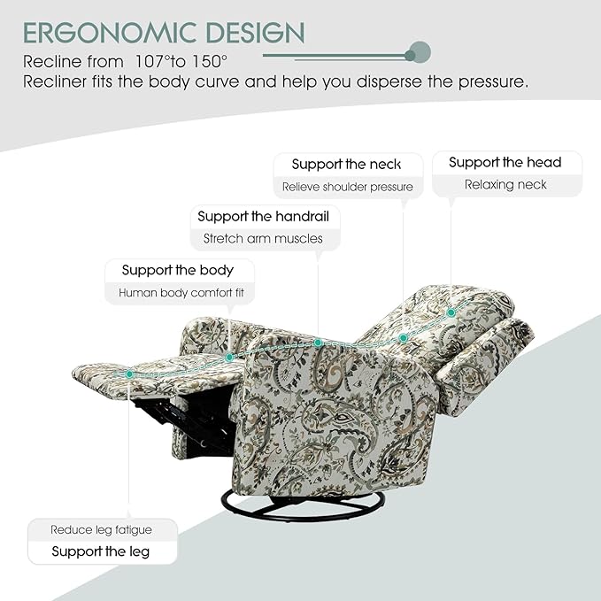 HULALA Home Recliner Chair Set of 2, Modern Printed Fabric for Living Room, Rocker Recliner Sofa Comfy Armchair 360 Degree Swivel, Nursery Rocking Chairs with Adjustable Backrest & Footrest/SAGE