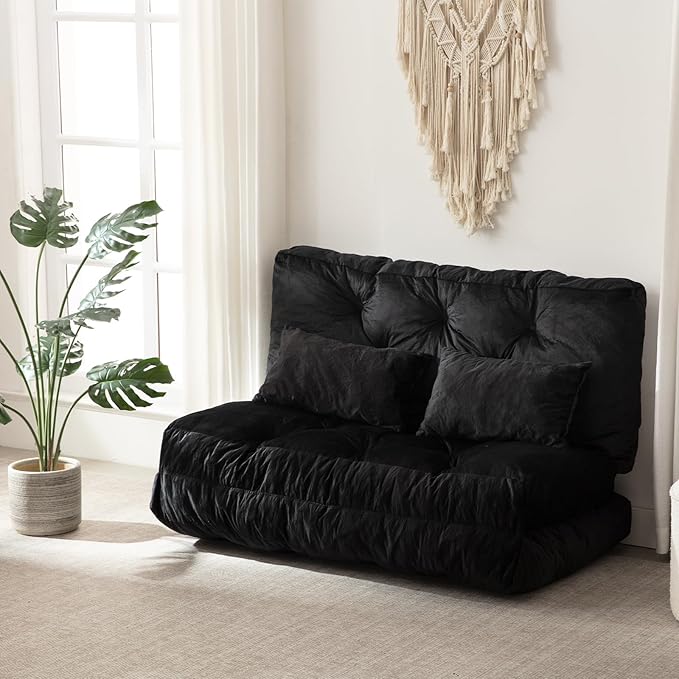 Folding Sofa Bed, Convertible Sleeper Chair with Pillow Foldable Mattress with Back Support, Portable Fold Out Chair Bed Comfy Floor Sofa Lounge for Living Room Bedroom, Black Full 80x54 Inch