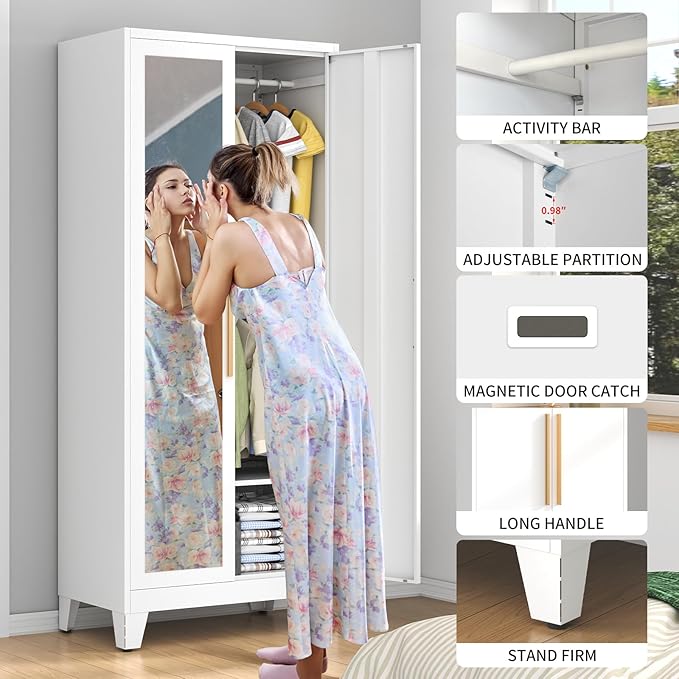 75.3" Tall Metal Armoire Wardrobe Closet with Mirror Doors, 2 Adjustable Hanging Rods & Adjustable Shelf, Freestanding Storage Cabinet Organizer for Bedroom, Office, Laundry Room, White