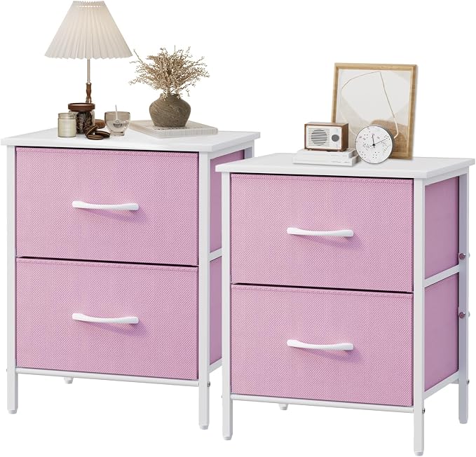 Stero Nightstand Set of 2, Kids Dresser with 2 Drawers, Steel Frame Bedside Furniture, Wood Top Fabric Night Stand, Colorful End Table for Home, Bedroom, Office, Pink by Stero