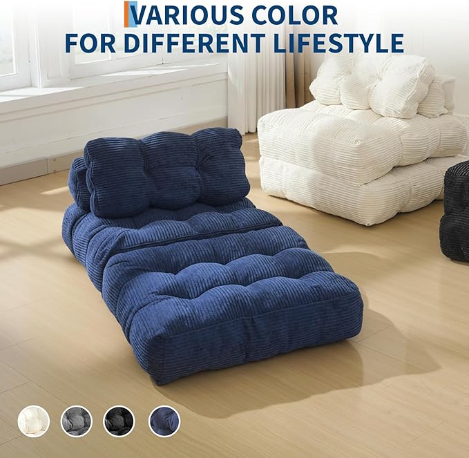 Folding Sofa Bed, Convertible Sleeper Chair with Pillow Foldable Matress with Back Support, Portable Fold Out Chair Bed Comfy Floor Sofa Lounge for Living Room Bedroom, Navy Blue, Single