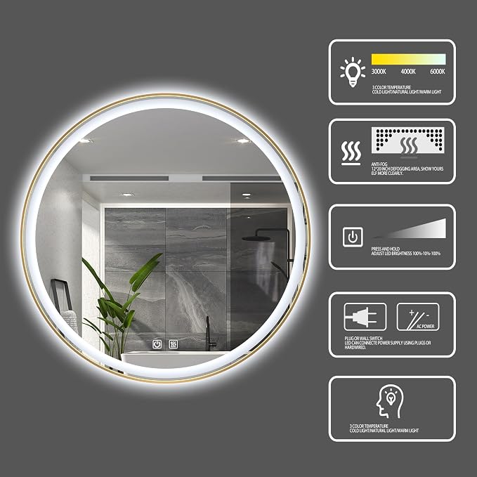 Itrue 36 Inch LED Bathroom Round Mirror, Gold Metal Frame, Adjustable Color Temp & Brightness,Anti-Fog,Shatter-Proof Tempered Vanity Mirror for Wall - Image 2
