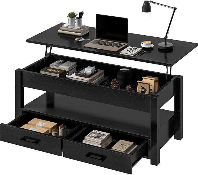 FABATO 41.7'' Lift Top Coffee Table with 2 Storage Drawer Hidden Compartment Open Storage Shelf for Living Room Folding Wood End Table, Black