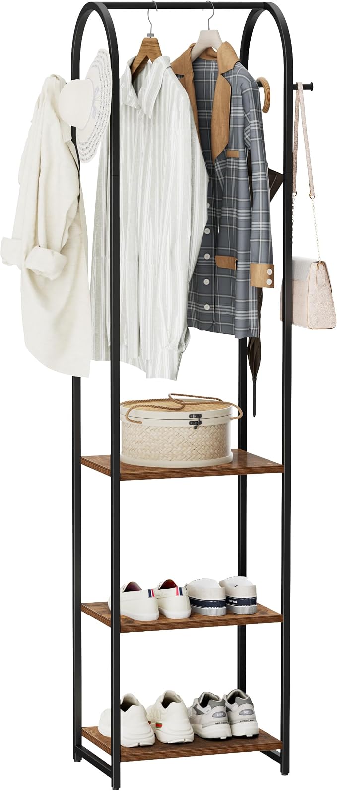 Garment Rack, Coat Rack With 3 Shelves and 4 Hooks, 71" H Clothes Stand For Hanging Clothes, Hanging Rod For for Bedroom, Hallway, Entryway, Office, Living Room, Rustic Brown and Black by Cerlyunzan