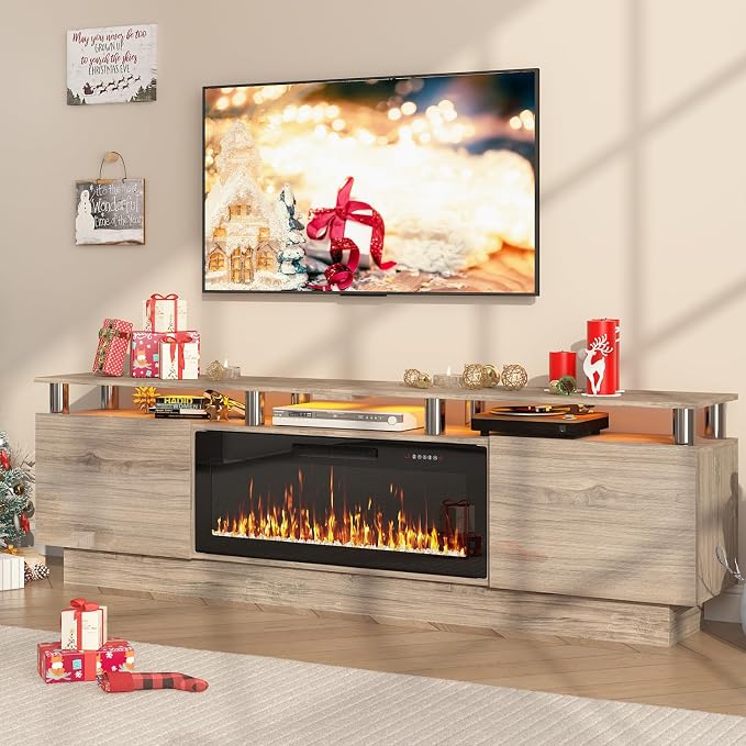 PUKAMI 80" Fireplace TV Stand with 36" Electric Fireplace, LED Light Entertainment Center with Storage, 2 Tier Modern Wood Media TV Console with Highlight Cabinet for Living Room, Grey - Image 5