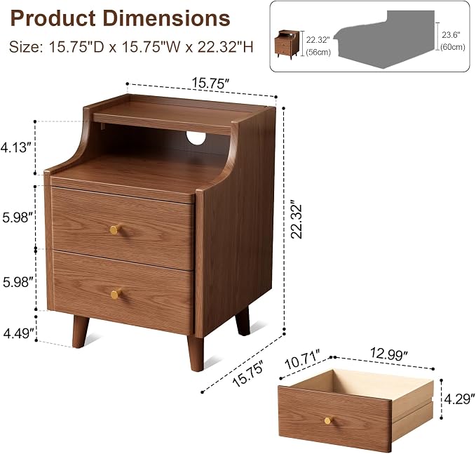 Narrow Nightstand with 2 Drawers,Walnut Nightstand,Bedside Table,Solid Wood Modern Bedside Table for Bedroom,Study,Toilet - Image 2