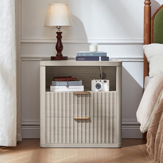 LEYAOYAO Fluted Farmhouse Nightstand Set of 2 with Charging Station, 23" Wide 2 Drawers Night Stand,LightGrey Dresser for Bedroom,Bed Side Table Chest of Drawers,Wood End Table for Living Room - Image 4