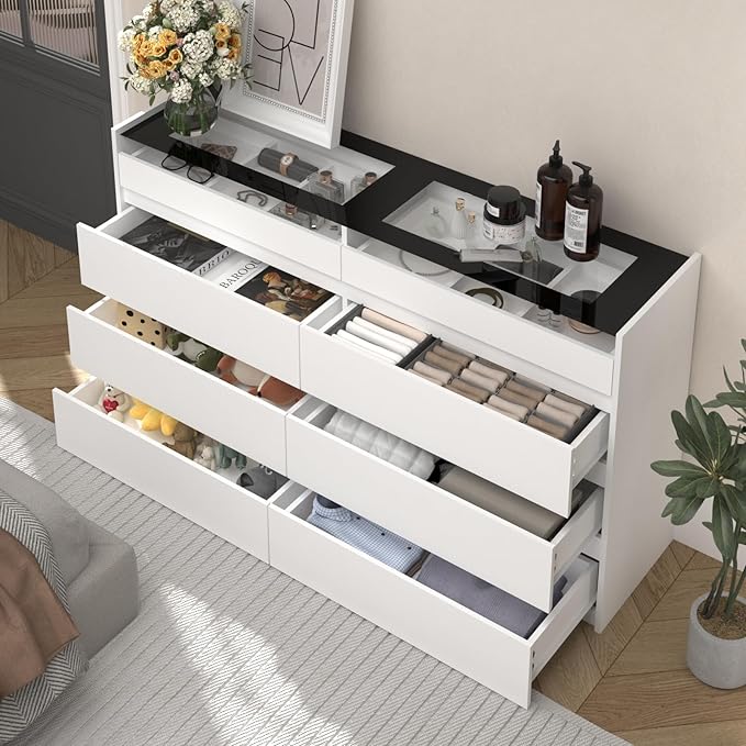 LIVAUVEAD White 8 Drawer Dresser for Bedroom with LED Light, Modern Dresser Chest of Drawers with Hidden Handles and Glass Top, Dressers Organizer for Bedroom, Closet, Living Room