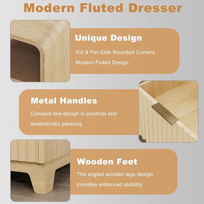 3 Piece Bedroom Furniture Set 9 Drawer Fluted Dresser & 2 Nightstand Sets with Metal Handle, Charging Station & Storage Cabinet, Modern Design for Bedroom/Living Room, Natural