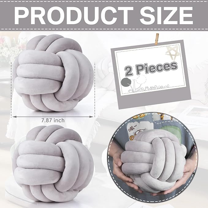 Namalu 2 Pieces Knot Ball Pillows Round Plush Aesthetic Cushion Pillows Soft Stress Relieving Cute Decorative Knotted Pillows for Kids Bed Sofa Bedroom Decor (Gray, 7.87 Inches)