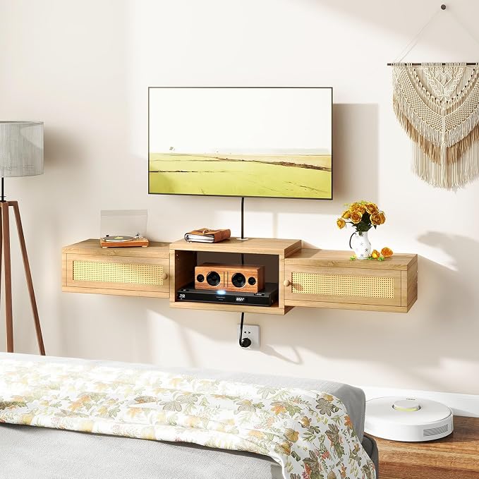 IBUYKE Modern Rattan Floating TV Stand with Doors,Wall Mounted TV Shelf for TVs up to 55 Inches,Media Console Entertainment Center for Under TV Storage Cabinet for Living Room Bedroom,Natural UWST012N - Image 7